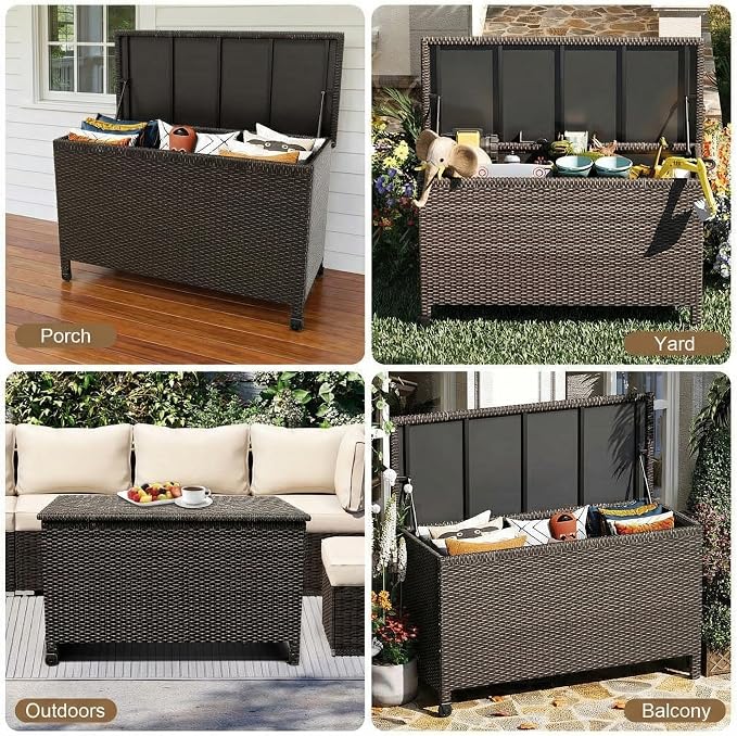 TrailBlaze 120 Gallon Large Outdoor Deck Storage Box – Waterproof PE Rattan Chest with Gas Strut & Lockable Lid, Durable Patio Bench for Cushions, Garden Tools, Pool Supplies