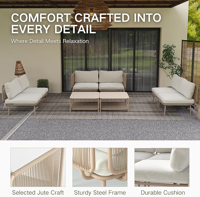 Kingdura 8 Pieces Outdoor Sectional Sofa Set, All-Weather PE Wicker Rattan Patio Conversation Set with Thick Cushions & Coffee Table, Patio Furniture Set for Garden Yard Porch Lawn Poolside (Beige)