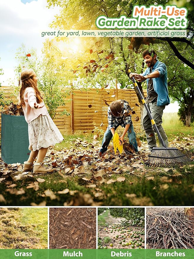 Garden Rake Set for Leaves Lawns, 3-in-1 Gardening Tools Kit with 25 Tines Wide Metal Rake, Leaf Scoops Hand Claws, 32 Gallon Reusable Yard Waste Bag, Heavy Duty 79" Rakes for Pick Up, Clear n Collect