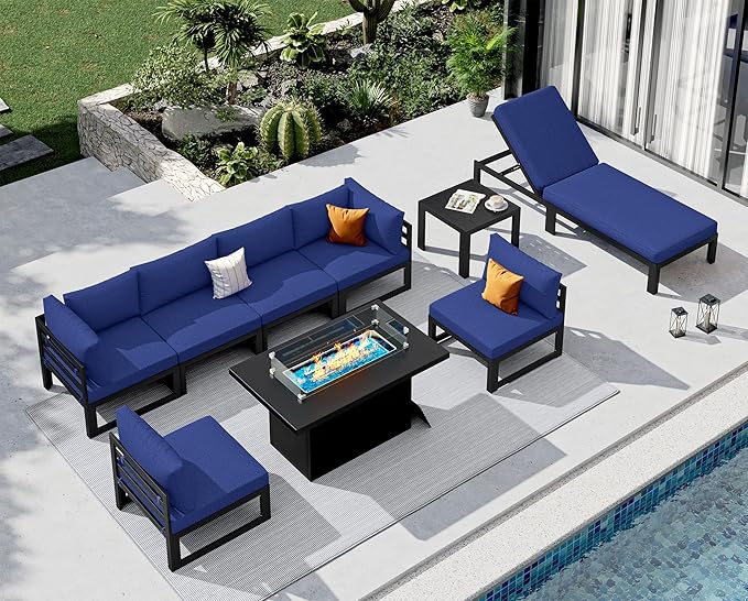NICESOUL 9 Piece Large Modern Aluminum Patio Furniture Set, Water Resistant Modular Outdoor Conversation Set with Chaise & Fire Pit Table, 500 lbs Durable Modular Sectional Sofa for Garden, Navy Blue