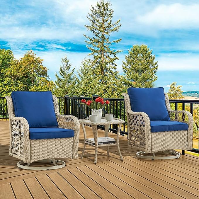 GarveeHome 3 Piece Outdoor Patio Set, Wicker Rocking Bistro Set with 2 Swivel Chairs & Tempered Glass Top Table, Rattan Outdoor Furniture with Cushions for Patio Porch Backyard