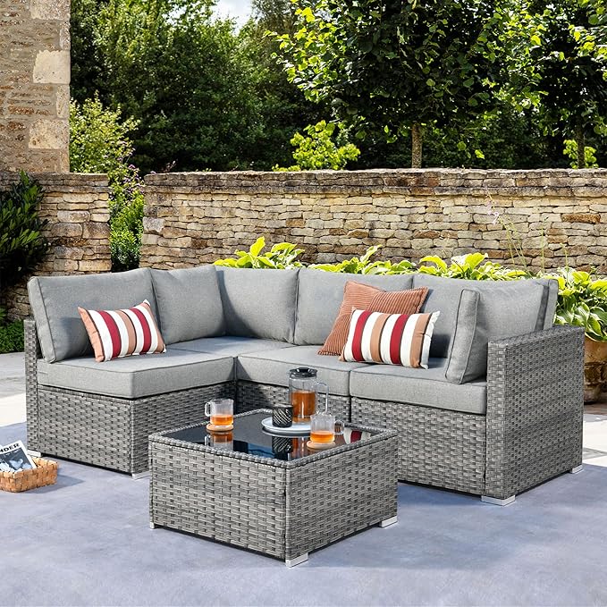 ovios Outdoor 5 Piece Coversation Set with Coffee Table,Sectional Patio Furniture Set with All-Weather Wicker Sofa,Modern Outside Couch for Balcony Backyard Pool, Dark Grey