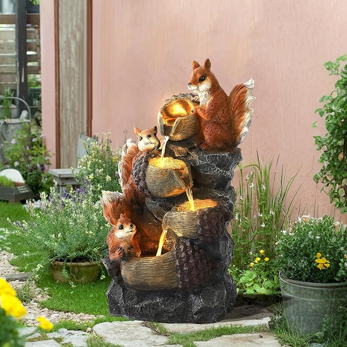 Outdoor/Indoor Water Fountain with LED Lights and Pump, 4-Tiers Cascading Pinecone Bowls Garden Fountains Waterfall with Squirrels Design, Freestanding Resin Fountain for Patio, Garden, Porch