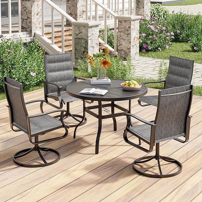 UDPATIO 5 Piece Outdoor Patio Dining Set, Patio Table with Chairs, 39" Round Table with Umbrella Hole & 4 Outdoor Swivel Rocker Dining Chairs, Outdoor Table and Chairs Set for Lawn, Deck, Yard