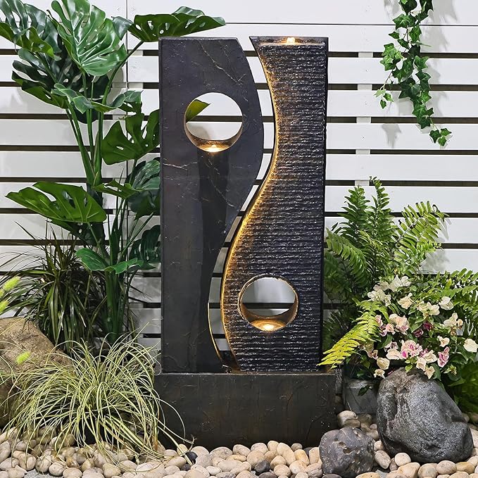 Tankana 47 inches Water Fountain Outdoor Garden - Waterfall Indoor Modern Large Freestanding Water Feature Fountains Faux Rust Finish with LED Lights for Patio Yard Pool Home Decor