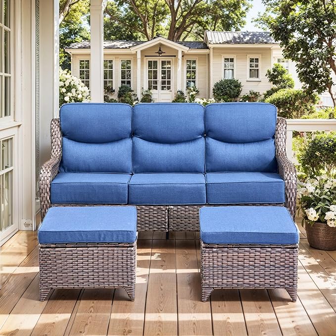 HUMMUH Luxury Patio Furniture Set 6-inch Thick Cushions High Back Swivel Rocker Chairs & 3 Seater-Couch & Steel Fire Pit Table 7 Pieces Outdoor Conversation Set for Porch,Deck,Backyard