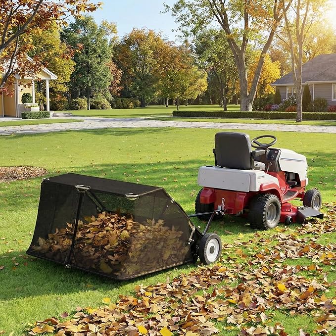 Tow Behind Lawn Sweeper, 42/50/52-Inch Pull Behind Leaf & Grass Collector, 12/26 cu. ft. Large Capacity Yard Sweeper with Adjustable Sweeping Height and Universal Hitch for Lawn Tractor (42"/12cuft)