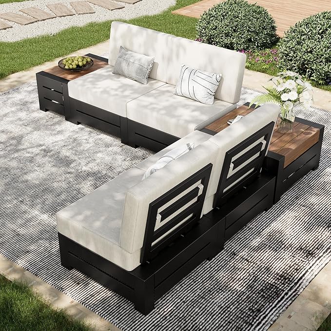 6-Piece Outdoor Patio Furniture Set, Steel Sectional Patio Conversation Sets, Outdoor Sectional Sofas with Thick Cushion, All-Weather Modular Furniture Sets for Porch, Garden, Backyard-Beige