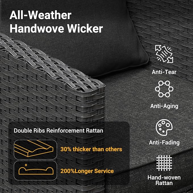 7 Pcs Outdoor Furniture with 44" Fire Pit Table, Rattan Patio Conversation Sets with Swivel Chair, Gas Fire Pit, Ottomans, Side Table, 4" Thick Cushion, for Backyard Garden Deck,Black