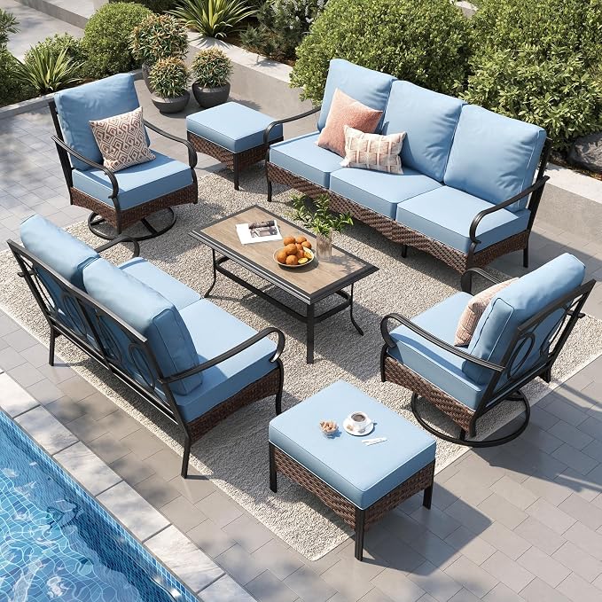 PHI VILLA Patio Furniture Set, Extra Large Wicker & Metal Outdoor Conversation Set Patio Sectional Sofa Set with Swivel Chair & Waterproof Thick Cushions for Porch, Poolside, Deck(7 Pieces, Blue)
