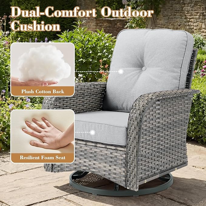 3 Pieces Patio Furniture Set, All-Weather Rattan Wicker Outdoor Furniture with Swivel Rocking Chairs and Side Table, High Back Conversation Set for Porch, Backyard, Balcony,Grey