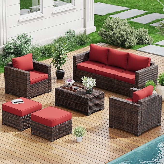 Amopatio Patio Furniture Set, Outdoor Furniture Wicker Rattan Sofa, Outdoor Sectional with Ottomans, Patio Set for Backyard Porch Balcony (Burgundy)