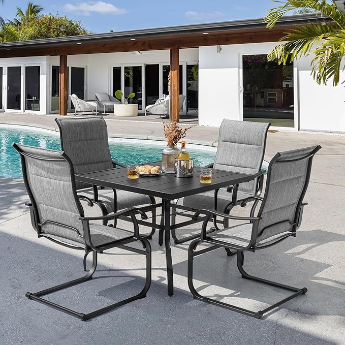 NUU GARDEN 5 Piece Patio Dining Set, Outdoor Metal Dining Table and Chairs with Umbrella Hole, All Weather Padded Textilene Chairs, Square Patio Table Set for Backyard, Deck, Garden, Light Grey