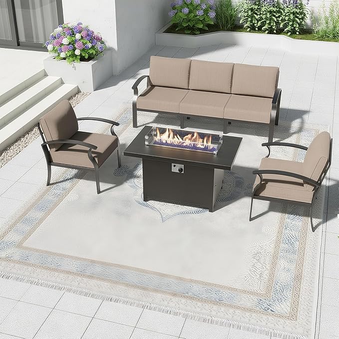 Aluminum Patio Furniture Set with 55,000 BTU Propane Fire Pit Table,5 Seats Metal Modern Outdoor Furniture w/5.1" Cushions,Patio Sectional for Backyard,Patio,Sand