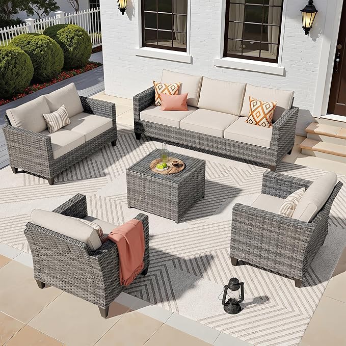 ovios 5 Pieces Patio Furniture Set, Outdoor Wicker Rattan Sofa Couch with Loveseat, Chairs, Glass Coffee Table, Conversation Sets for Yard Porch Garden, Beige