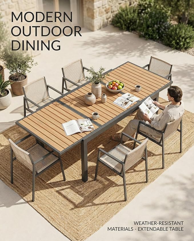 ZANDOR Expandable Outdoor Dining Set for 4-6-8,Patio Table and Chairs Set with Wood Top for Garden,Backyard,Porch,55"-82.7" Extendable Aluminum Outdoor Table Set with 4 Chairs,Grey