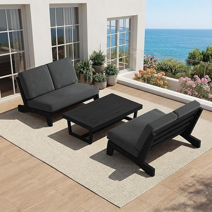 UIXE All Weather Patio Furniture Sets, 3 Pieces Black Wood Patio Loveseat Sofa Outdoor Sectional Futniture Backyard Conversation Set with Solid Wooden Coffee Table - Dark Gray