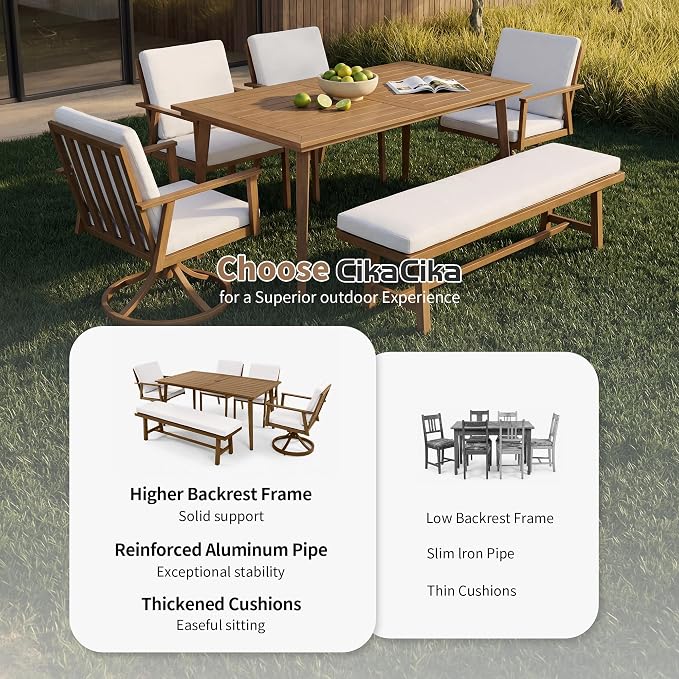 6-Piece Outdoor Table Set with Chairs & Bench, 6-Person Outdoor Rectangular Dining Table with Umbrella Hole, Faux Wood Grain Patio Table Set with Swivel Chair for Garden Backyard Proch, Teak