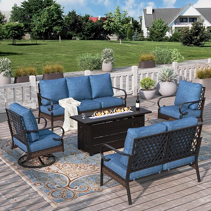 HERA'S HOUSE 5 Piece Metal Patio Furniture Set with 56" Fire Pit Table, All Weather Outdoor Conversation Set, 3 Seat Sofa with Loveseat, 2 Swivel Chairs, Seats 7 for Backyard, Garden, Pacific Blue