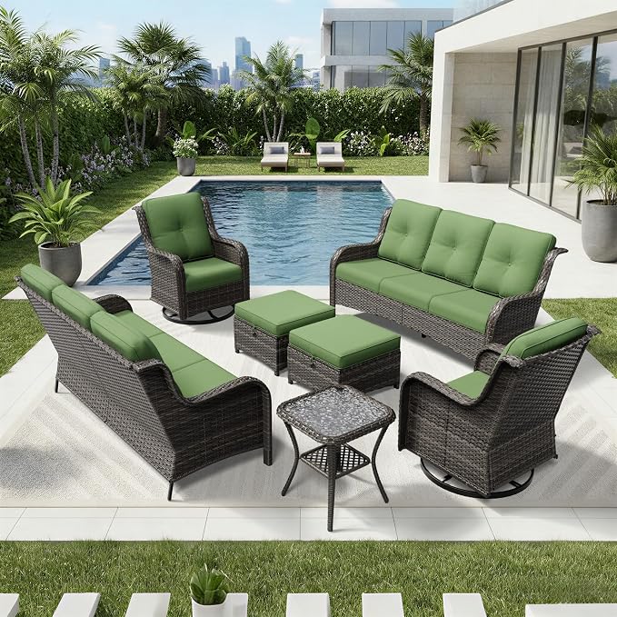 Joyside 7 Piece Wicker Patio Furniture Set, Outdoor Swivel Rocker Patio Chairs with High Back, Deep Seating, Wide Armrest, Thickened Cushions, Outdoor Furniture for Deck, Porch Use