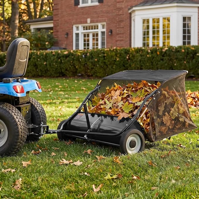 48" Tow Behind Lawn Sweeper, 16 cu. ft Capacity Leaf & Grass Collector-Adjustable Sweeping Height, Dumping Rope Design for Efficient Debris & Grass Cleanup on Yards, Driveways & Sidewalks