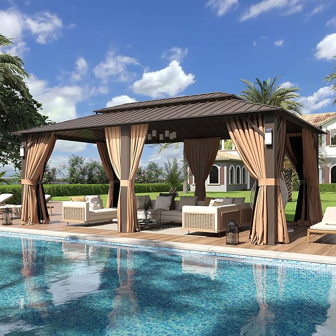 Aoxun 20'x12' Hardtop Gazebo with 4 LED Lights, Outdoor Gazebo with Galvanized Steel Double Roof, Patio Gazebo with Breathable Netting & Privacy Curtain, Decor Hooks for Backyard, Brown