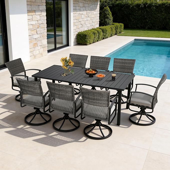 HAPPATIO 9-Piece Patio Dining Set with Wicker Swivel Rocker Patio Chairs | Outdoor Dining Set, Powder-Coated Metal Dining Table with Umbrella Hole, Removable Cushions for Outside Lawn, Garden