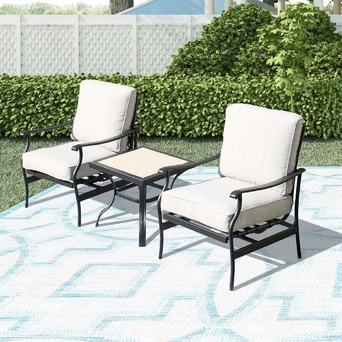 LOKATSE HOME 3 Piece Outdoor Furniture Set with 2 Patio Bistro Conversation Chairs and 21 inch Square Dining Table, Beige