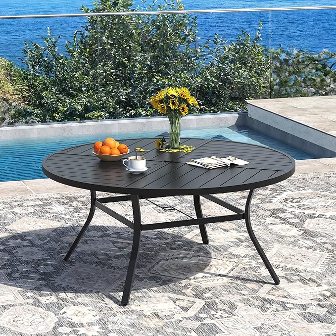 DIFY 7 Piece Outdoor Dining Set, Metal Patio Table and Chairs Set, 53.1" Black Round Dining Table & 6 Brown Padded Textilene Swivel Patio Chairs, Outdoor Furniture Set for Garden Backyard Porch
