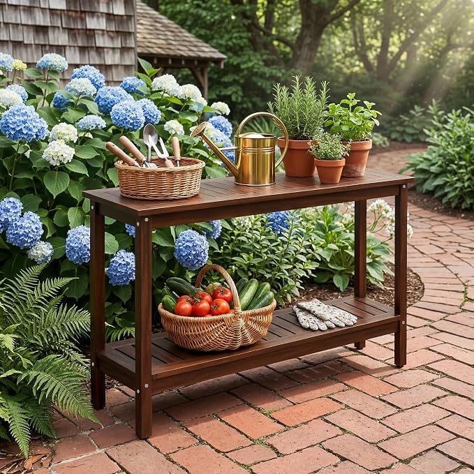 ZenStyle Solid Wood 48in 2-Shelf Console Table, Indoor Outdoor Accent Plant Table Storage Organizer w/Foot Sliders for Patio, Deck, Porch, Garden (Espresso)