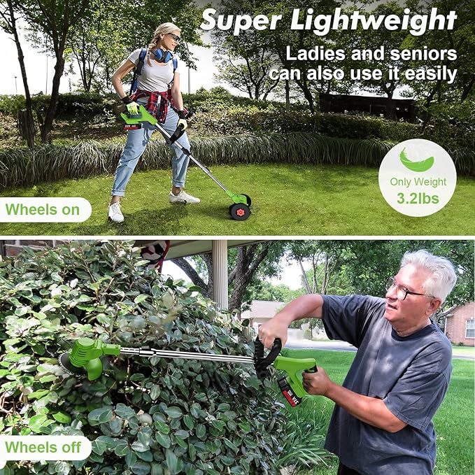 Cordless String Trimmer,21V 2.0Ah Battery, Fast Charger & 4 Types Blades, Lightweight Lawn Trimmer with Wheels, Grass Trimmer/Brush Cutter/Lawn Edger for Garden