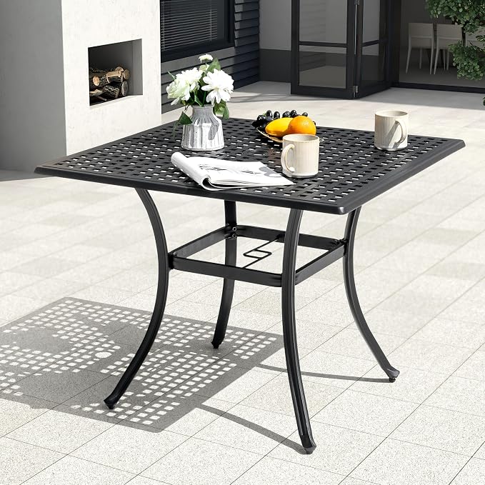 NUU GARDEN 35 Inch Square Cast Aluminum Outdoor Dining Table for 4 with Umbrella Hole and Mesh Top, Patio Table for Garden Backyard Poolside, Black with Gold Speckles