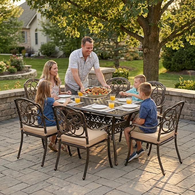 7 Piece Outdoor Dining Set Cast Aluminum, Retro Patio Dining Set for 6 Includes 59” Rectangular Table with Thicker Cushions and Umbrella Hole for Patio Deck Garden Porch