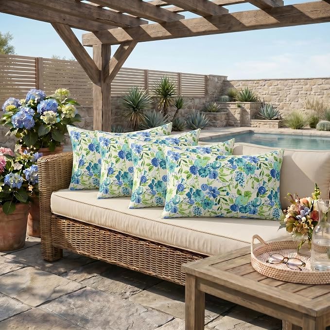 RSH DECOR: Jumbo Lumbar Throw Pillows – Set of 4 | 26" x 16" | Indoor Outdoor Use – Patio, Lounge, Adirondack | Water & Fade-Resistant | Made in USA (Bettina Aqua)