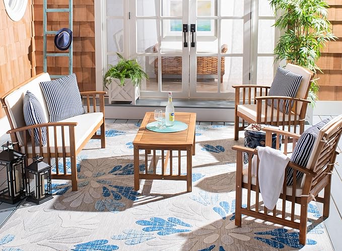 SAFAVIEH Outdoor Collection Rocklin Natural/ Beige Cushions/ Thin Stripe Pillows 4-Piece Conversation Patio Set