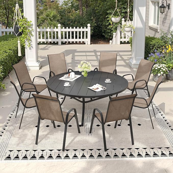 9 Pieces Outdoor Dining Set, 53" Round Table with Umbrella Hole & Stackable Patio Dining Chairs, Patio Table and Chairs Set for Deck Garden Porch, Brown Chairs & Black Table