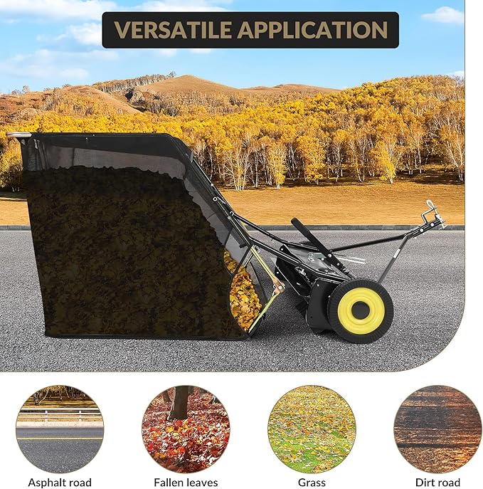 Tow Behind Lawn Sweeper 44" Wide, 26 Cu.Ft Large Hopper Yard Sweeper, Pull Behind Leaf Collector with Adjustable Sweeping Height, Universal Fit for Lawn Tractor & Debris Cleanup