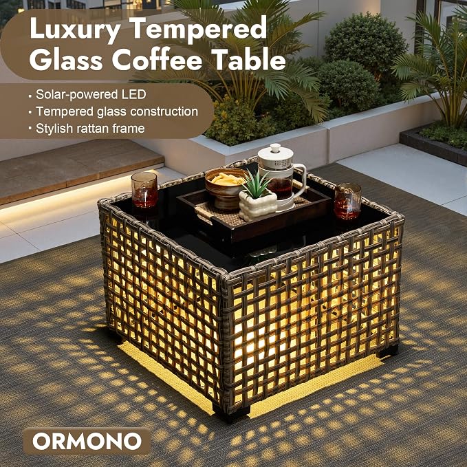6 Pieces Patio Furniture Set with 42" Fire Pit, All-Weather Rattan Outdoor Sectional Conversation Sets L Shaped Sofas with Solar Light Coffee Table for Porch Balcony Backyard Black