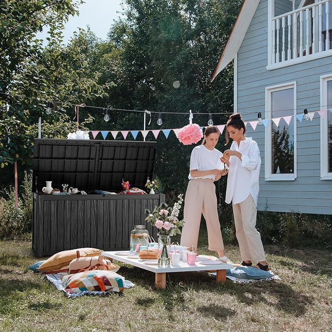 PatioZen 180 Gallon Outdoor Deck Box,Waterproof Resin Outdoor Storage Boxes, Outside Storage Lockable Container for Garden Tools,Indooor Cushions,Accessories (Black)