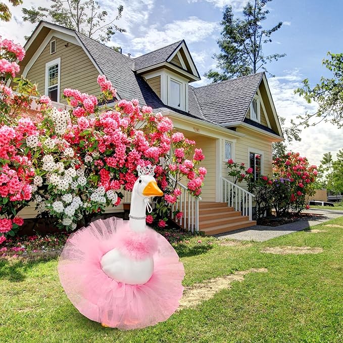 4 Pcs Princess Porch Goose Outfit for 23" 17" Cement Lawn Goose Costume Crown Necklace Tutu Skirt Feather Trim(Pink)