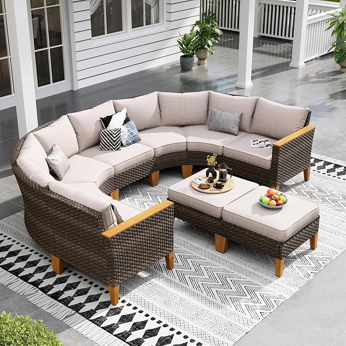 Sophia & William Half-Moon Outdoor Patio Furniture Set 9 Piece Large & High Back Wicker Rattan Patio Sectional Furniture Sofa Set Fan-Shaped Conversation Set with Ottomans & 4" Thick Cushions, Beige