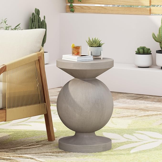 Outdoor Side Table 17.25" Geometric Shape Lightweight Concrete-Look Outdoor Indoor Accent Table Decorative Garden Stools, for Patio Porch Living Room, Grey