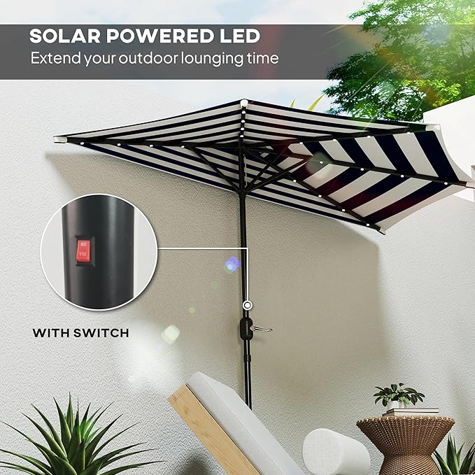 Outsunny Half Outdoor Patio Umbrella, UPF 30+ Small Vented Half Patio Umbrella with Crank 8 Ribs for Balcony Porch Garden Deck Poolside