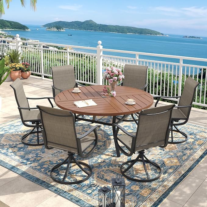 Outdoor Dining Set for 6, 50.1" Metal Round Outdoor Dining Table with Umbrella Hole and Sling Patio Swivel Chairs, 7 Pieces Patio Table and Chairs Set for Garden, Mixed Brown and Walnut