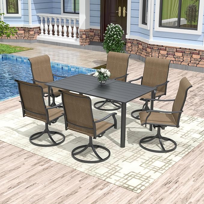 Anmutig 7-Piece Outdoor Patio Dining Set with 6 Swivel Chairs, Outdoor Furniture Steel Frame Slat Rectangular Table with 1.57" Umbrella Hole for Backyard, Brown