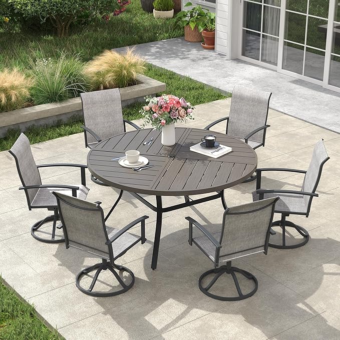 VICLLAX Outdoor Table and Chairs Set for 6, Patio Dining Set of 50" Metal Round Patio Table with Umbrella Hole & 6 Swivel Outdoor Dining Chairs for Backyard Lawn, Grey & Antique Grey