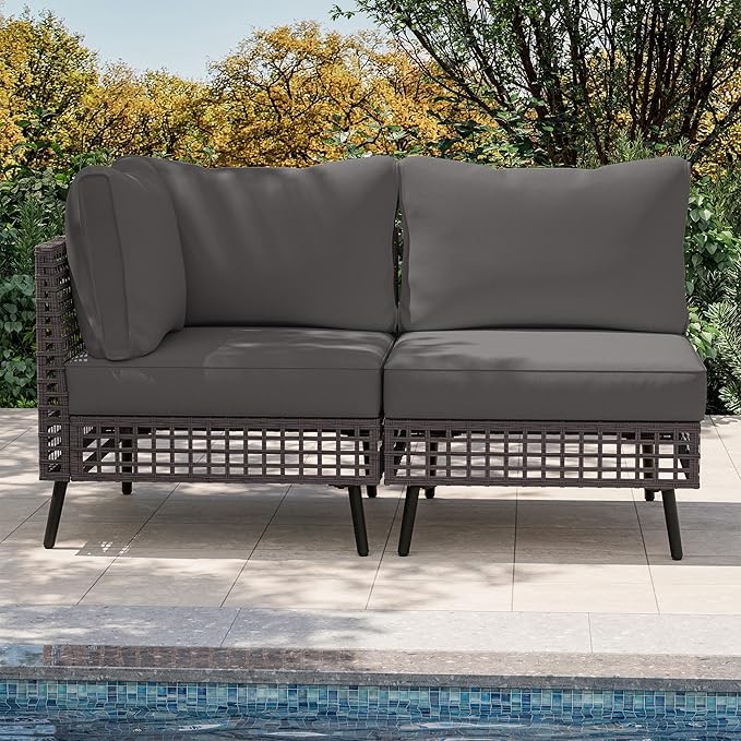 LAUSAINT HOME 2 Pieces Outdoor Sectional Sofa Set, All-Weather PE Wicker Rattan Patio Conversation Set with Thick Cushions & Coffee Table, Patio Furniture Set for Garden, Backyard, Porch (Grey)