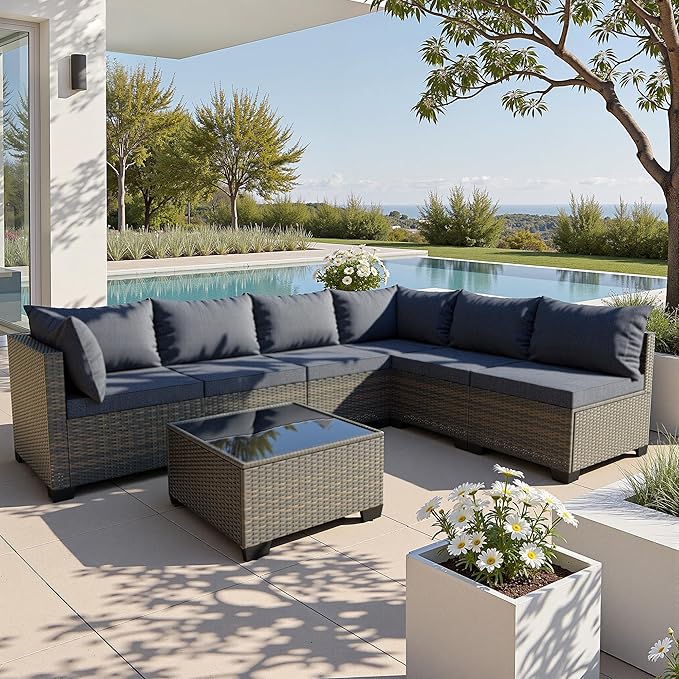7 Piece Patio Furniture Set, All-Weather Water-Resistant Wicker Rattan Sectional Sofa, Modular Outdoor Conversation Set for Backyard, Garden, Poolside, Balcony