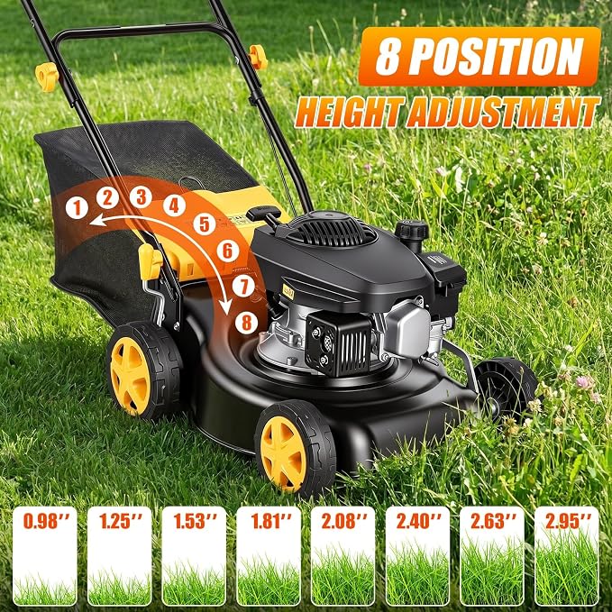 16” Self Propelled Gas Push Lawn Mower,132cc 4-Stroke Air-Cooled Engine,3-in-1 Mowers with 45L Grass Catcher,8-Position Cutting Height (25-75mm),400mm Cutting Width,Hand Push Lawn Mower for Yard
