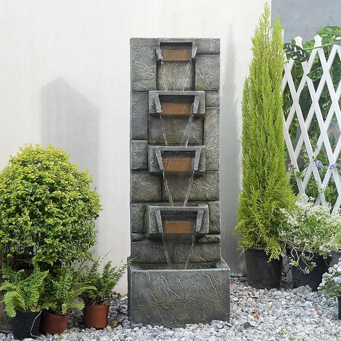 Outdoor Waterfall Fountain with LED Lights, 41” Tall Stone-Look Cascading Water Feature for Home Décor, Realistic Flowing Water Sound for Relaxation, Freestanding Indoor/Outdoor Fountain